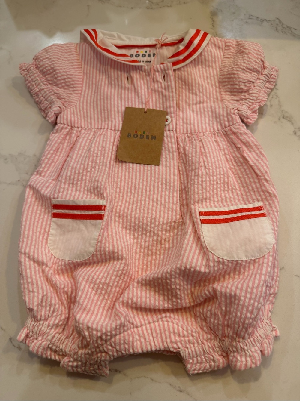 Boden Pink & White Striped Seersucker Baby One-Piece with Red Trim